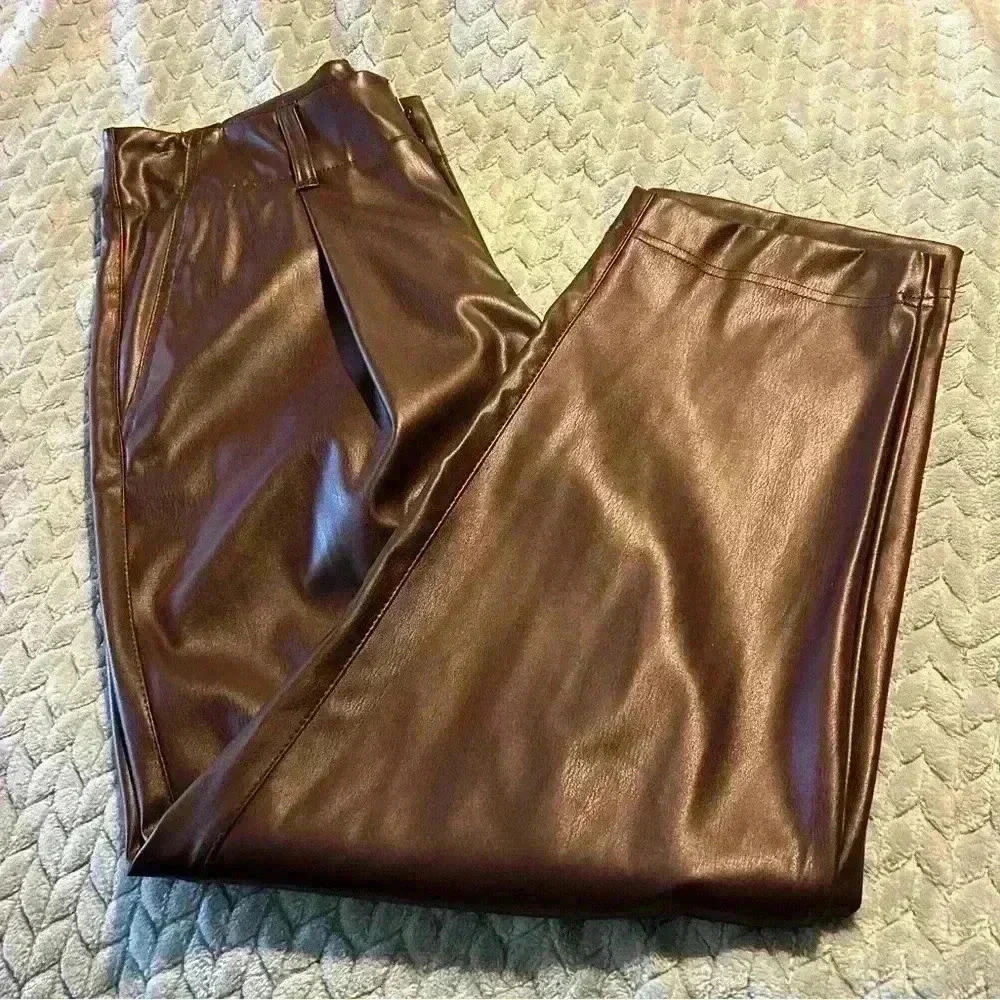 A New Day Brown Faux Leather Wide Leg High Waist Size 4 Pants